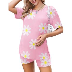 imageEkouaer Womens Maternity Pajamas Sets 2 Piece Outfits Short Sleeve Shirts and Biker Shorts Pregnancy Loungewear Mama ClothesFloral Pink