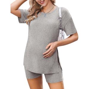 imageEkouaer Womens Maternity Pajamas Sets 2 Piece Outfits Short Sleeve Shirts and Biker Shorts Pregnancy Loungewear Mama ClothesLight Grey