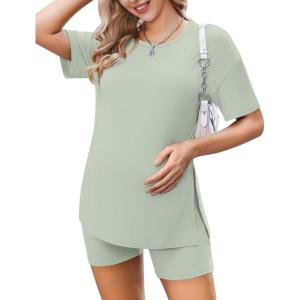 imageEkouaer Womens Maternity Pajamas Sets 2 Piece Outfits Short Sleeve Shirts and Biker Shorts Pregnancy Loungewear Mama ClothesMint Green