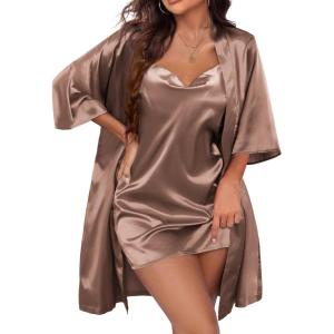 imageEkouaer Womens Satin Robe Set Nightgown with Robes Silk Pajama Set 2 Pieces Lingerie Cowl Neck Cami Sleepwear SetsCoffee