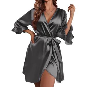 imageEkouaer Womens Satin Robe Valentines Lingerie for Women Kimono Bathrobe Short Ruffle Belted Robes Bridesmaids SleepwearDeep Grey