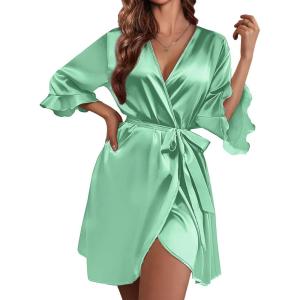 imageEkouaer Womens Satin Robe Valentines Lingerie for Women Kimono Bathrobe Short Ruffle Belted Robes Bridesmaids SleepwearIce Green