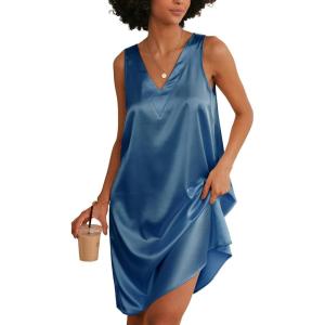 imageEkouaer Womens Satin Silk Nightgown V Neck Nightie Tank Sleepshirt Sleeveless Summer Dress Comfy LoungewearBlue