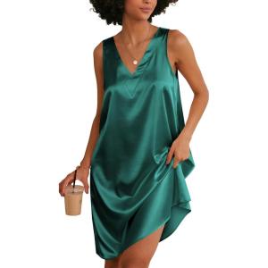 imageEkouaer Womens Satin Silk Nightgown V Neck Nightie Tank Sleepshirt Sleeveless Summer Dress Comfy LoungewearBlue Green