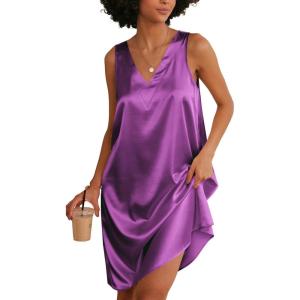 imageEkouaer Womens Satin Silk Nightgown V Neck Nightie Tank Sleepshirt Sleeveless Summer Dress Comfy LoungewearPurple