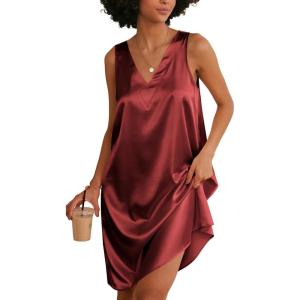 imageEkouaer Womens Satin Silk Nightgown V Neck Nightie Tank Sleepshirt Sleeveless Summer Dress Comfy LoungewearWine Red