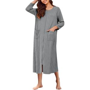 imageEkouaer Zipper Robes for Women Ribbed Knit Bathrobe Lightweight Full Length Loungewear with Pockets S3XLGrey