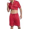 imageEkouaer Mens Satin Pajamas Set ButtonDown Short Sleeve Shirt Top Soft Silk Sleepwear Loose Pocket Pant LoungewearRed