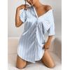 imageEkouaer Womens Satin Nightshirt Button Down Sleepshirt Silk Short Sleeve Nightgown Boyfriend Notch Collar SleepwearBlue Stripe
