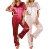 imageEkouaer 2 Pack Womens Silk Satin Pajama Sets Button Down Sleepwear Short Sleeve Top and Pants Soft Pjs Lounge SetBurgundyBeige