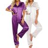 imageEkouaer 2 Pack Womens Silk Satin Pajama Sets Button Down Sleepwear Short Sleeve Top and Pants Soft Pjs Lounge SetDark PurpleOff White
