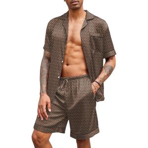 imageEkouaer Mens Satin Pajamas Set ButtonDown Short Sleeve Shirt Top Soft Silk Sleepwear Loose Pocket Pant LoungewearGeometric Gold