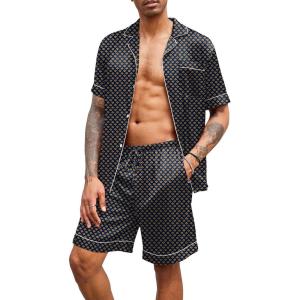 imageEkouaer Mens Satin Pajamas Set ButtonDown Short Sleeve Shirt Top Soft Silk Sleepwear Loose Pocket Pant LoungewearGeometric Yellow