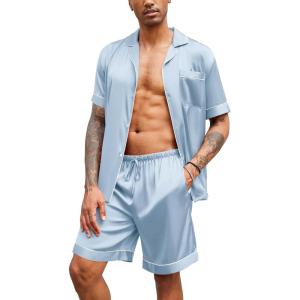 imageEkouaer Mens Satin Pajamas Set ButtonDown Short Sleeve Shirt Top Soft Silk Sleepwear Loose Pocket Pant LoungewearIce Blue