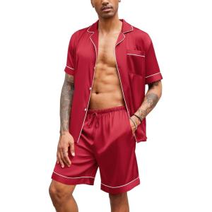 imageEkouaer Mens Satin Pajamas Set ButtonDown Short Sleeve Shirt Top Soft Silk Sleepwear Loose Pocket Pant LoungewearRed