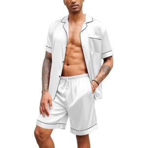 imageEkouaer Mens Satin Pajamas Set ButtonDown Short Sleeve Shirt Top Soft Silk Sleepwear Loose Pocket Pant LoungewearWhite