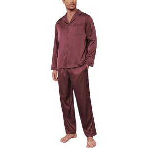 imageEkouaer Mens Silk Pajama Set Long Satin Loungewear 2 Piece Pjs Classic Button Down Sleepwear SXXLDark Red