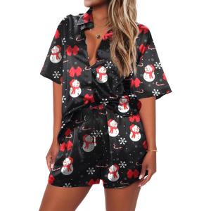 imageEkouaer Pajamas for Women Silk Soft Sleepwear Short Sleeve Button Down Pjs Satin Top and Shorts 2 Piece Lounge Set SXXLChristmas Black