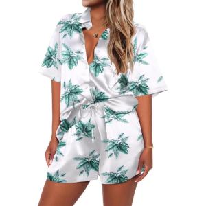 imageEkouaer Pajamas for Women Silk Soft Sleepwear Short Sleeve Button Down Pjs Satin Top and Shorts 2 Piece Lounge Set SXXLFlhp2white With Leaves