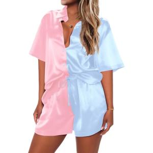 imageEkouaer Pajamas for Women Silk Soft Sleepwear Short Sleeve Button Down Pjs Satin Top and Shorts 2 Piece Lounge Set SXXLPink  Light Blue