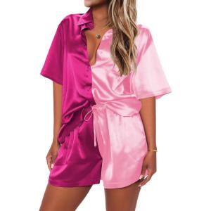 imageEkouaer Pajamas for Women Silk Soft Sleepwear Short Sleeve Button Down Pjs Satin Top and Shorts 2 Piece Lounge Set SXXLRose  Pink
