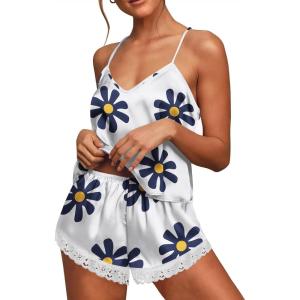 imageEkouaer Satin Pajamas Women Lace Sleepwear Lingerie Cami Shorts Set Nightwear XSXXLPat5floral Beige