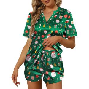 imageEkouaer Silk Pajamas for Women Short Sleeve Sleepwear Twopiece Pjs Set Soft V Neck Loungewear Tops with Pj Shorts SXXLChristmas Green