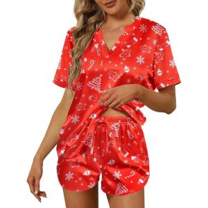 imageEkouaer Silk Pajamas for Women Short Sleeve Sleepwear Twopiece Pjs Set Soft V Neck Loungewear Tops with Pj Shorts SXXLChristmas Red