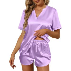 imageEkouaer Silk Pajamas for Women Short Sleeve Sleepwear Twopiece Pjs Set Soft V Neck Loungewear Tops with Pj Shorts SXXLLight Purple