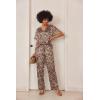 imageEkouaer Satin Pajama Set Womens Silk Short Sleeve V Neck Shirt with Long Pant Soft Loungewear Pjs SetApricot Black Leopard