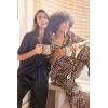 imageEkouaer Satin Pajama Set Womens Silk Short Sleeve V Neck Shirt with Long Pant Soft Loungewear Pjs SetApricot Black Leopard