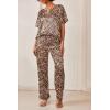 imageEkouaer Satin Pajama Set Womens Silk Short Sleeve V Neck Shirt with Long Pant Soft Loungewear Pjs SetApricot Black Leopard