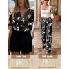 imageEkouaer Satin Pajama Set Womens Silk Short Sleeve V Neck Shirt with Long Pant Soft Loungewear Pjs SetFloral Black