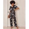 imageEkouaer Satin Pajama Set Womens Silk Short Sleeve V Neck Shirt with Long Pant Soft Loungewear Pjs SetFloral Black