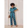 imageEkouaer Satin Pajama Set Womens Silk Short Sleeve V Neck Shirt with Long Pant Soft Loungewear Pjs SetFloral BlueGreen