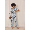 imageEkouaer Satin Pajama Set Womens Silk Short Sleeve V Neck Shirt with Long Pant Soft Loungewear Pjs SetFloral White