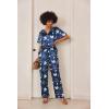 imageEkouaer Satin Pajama Set Womens Silk Short Sleeve V Neck Shirt with Long Pant Soft Loungewear Pjs SetFlower Navy Blue