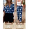 imageEkouaer Satin Pajama Set Womens Silk Short Sleeve V Neck Shirt with Long Pant Soft Loungewear Pjs SetFlower Navy Blue