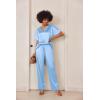 imageEkouaer Satin Pajama Set Womens Silk Short Sleeve V Neck Shirt with Long Pant Soft Loungewear Pjs SetLight Blue