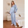imageEkouaer Silk Satin Pajamas Set Womens 2 Piece Pjs Long Pant Fall Soft Sleepwear Button Up Loungewear with PocketsGrey Blue Striped