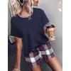 imageEkouaer Women Pajama Set Casual Short SetNavy Blue and Red Plaid