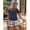 imageEkouaer Women Pajama Set Casual Short SetNavy Blue and White Plaid