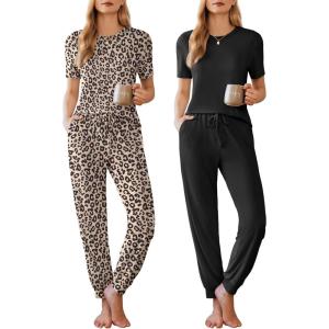 imageEkouaer 2 Pack Womens Pajama Sets Short Sleeve Tops Jogger Pants Lounge Sets Soft Loungewear Printed Pj with PocketsBlackleopard