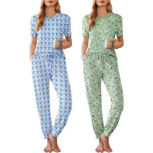 imageEkouaer 2 Pack Womens Pajama Sets Short Sleeve Tops Jogger Pants Lounge Sets Soft Loungewear Printed Pj with PocketsBlue Monkeygreen Flower