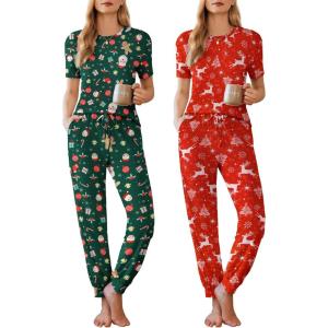 imageEkouaer 2 Pack Womens Pajama Sets Short Sleeve Tops Jogger Pants Lounge Sets Soft Loungewear Printed Pj with PocketsGreen Christmasred Deer