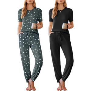 imageEkouaer 2 Pack Womens Pajama Sets Short Sleeve Tops Jogger Pants Lounge Sets Soft Loungewear Printed Pj with PocketsGrey Starblack