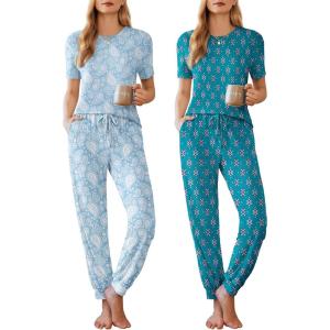 imageEkouaer 2 Pack Womens Pajama Sets Short Sleeve Tops Jogger Pants Lounge Sets Soft Loungewear Printed Pj with PocketsLight Blue Cashewblue Green Print