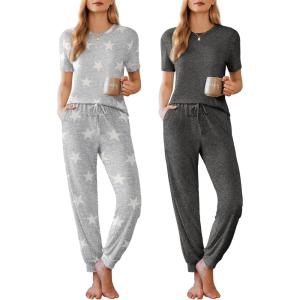imageEkouaer 2 Pack Womens Pajama Sets Short Sleeve Tops Jogger Pants Lounge Sets Soft Loungewear Printed Pj with PocketsLight Gray Stardark Gray