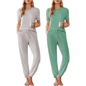 imageEkouaer 2 Pack Womens Pajama Sets Short Sleeve Tops Jogger Pants Lounge Sets Soft Loungewear Printed Pj with PocketsLight Graygreen