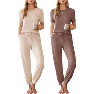 imageEkouaer 2 Pack Womens Pajama Sets Short Sleeve Tops Jogger Pants Lounge Sets Soft Loungewear Printed Pj with PocketsLight Khakibrown
